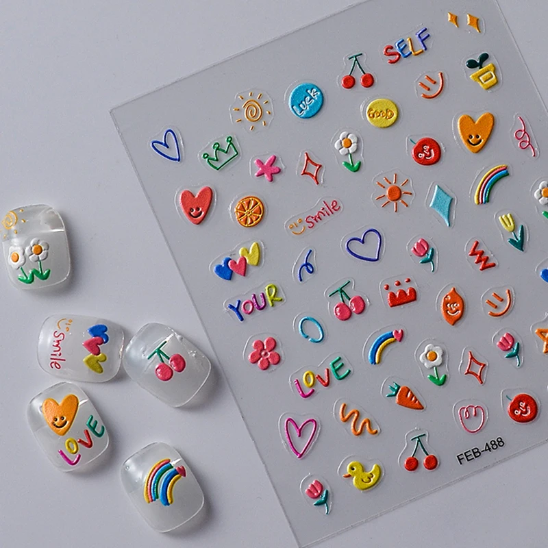 2023 Jelly Design Tulip Flowers Love Heart Color Lines 5d Embossed Reliefs Nail Art Stickers Lovely Manicure Nail Decals