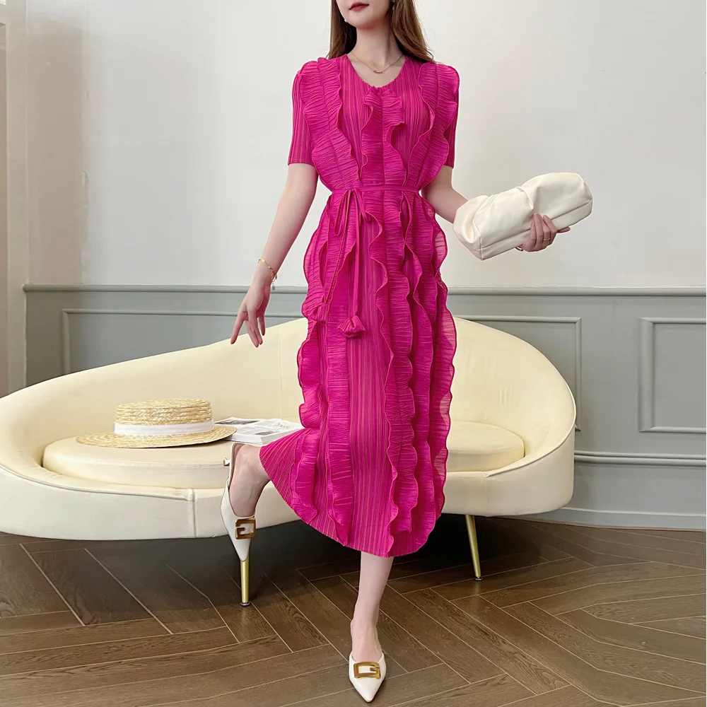 

Прямая поставка с фабрики, Новинка лета 2024, оригинальное Плиссированное Платье, роскошное женское платье с оборками и V-образным вырезом