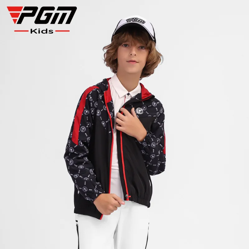 PGM Boys Long Sleeves Full Zipper Golf Jackets Children Windproof Warm Casual Golf Coat Hooded Printed Windbreakers Sports Tops