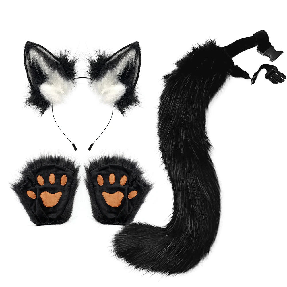 

Lolita Simulation Beast Claw Plush Fox Ears Headband Faux Fur Long Tail Paw Cosplay Props Halloween Party Accessories Toy Set