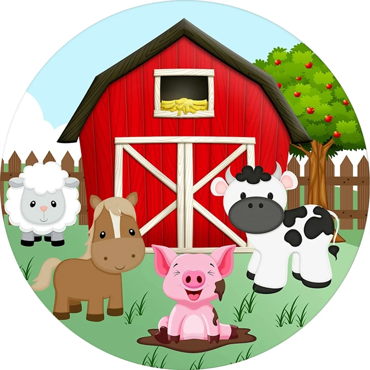 Cartoon Animals Farm Theme Round Backdrop Cover Red Barn Pig Horse Cow Kids  1st Birthday Party Background Circle Elastic Cover _ - AliExpress Mobile