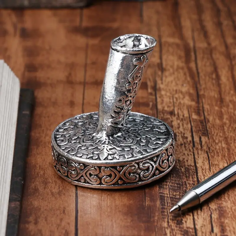 Pen Holder Desk Organizer Pen And Brush Holder Vintage Metal Round Insertion Pen Holder For Feather Quill Dip Pens School Office Supplies Stationery Student Gift