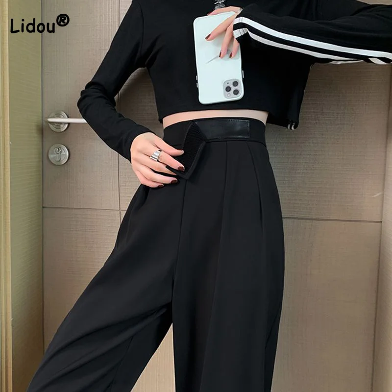 Korean Drape Paste Elastic High Waist Straight Trousers Spring Summer Black All-match Loose Female Casual Wide Leg Suit Pants