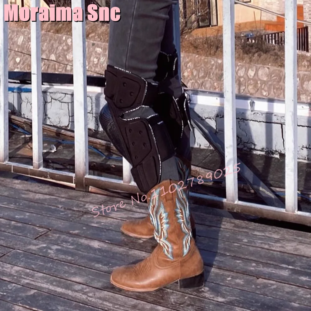 Vintage Embroidery Western Boots Block Mid Heel Slip On Fashion Brown Square Toe Women Mid-Calf Boots Autumn Winter Newest 2023