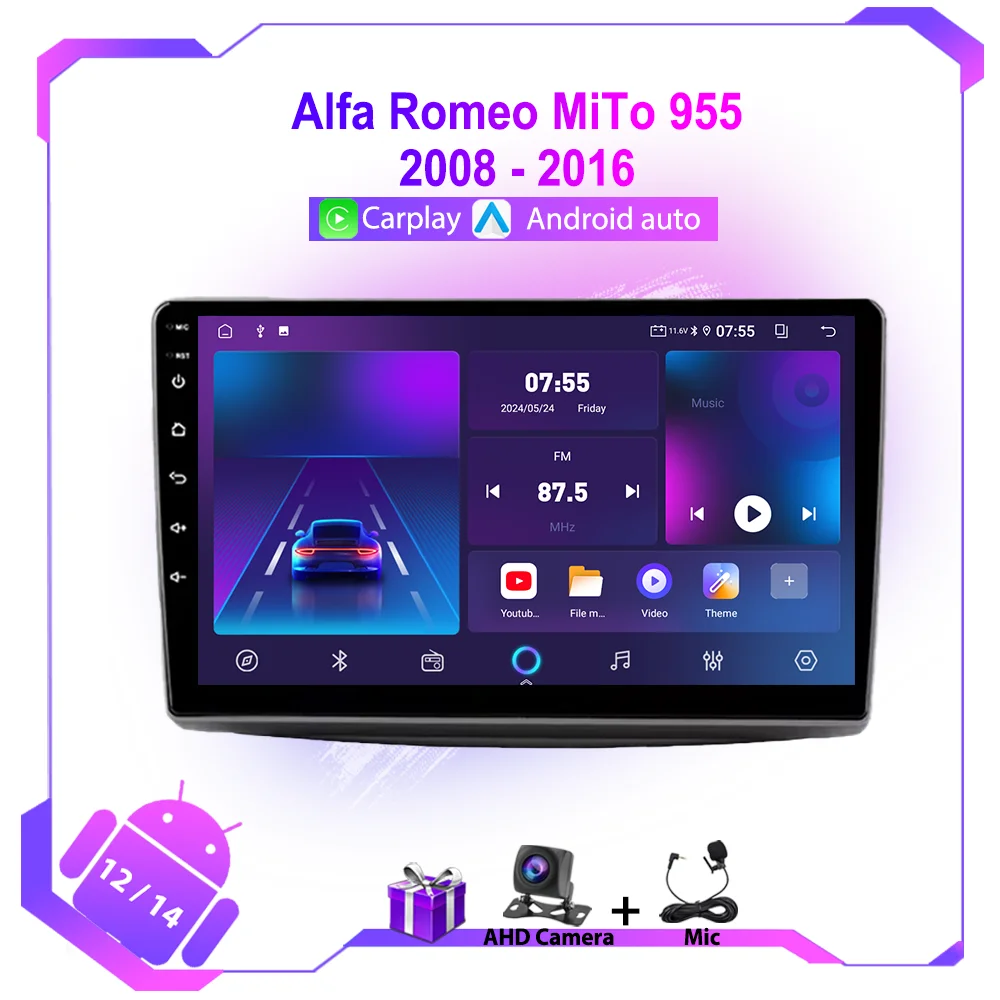 ANKEWAY Autoradio Pour Alfa Romeo Mito (2008-2012) Avec Android Auto Et CarPlay Sans Fil, Autoradio Bluetooth Stéréo Android [2G+32G] Avec Caméra De Recul/mic/boîtier CANbus/Port USB/WiFi/App Store