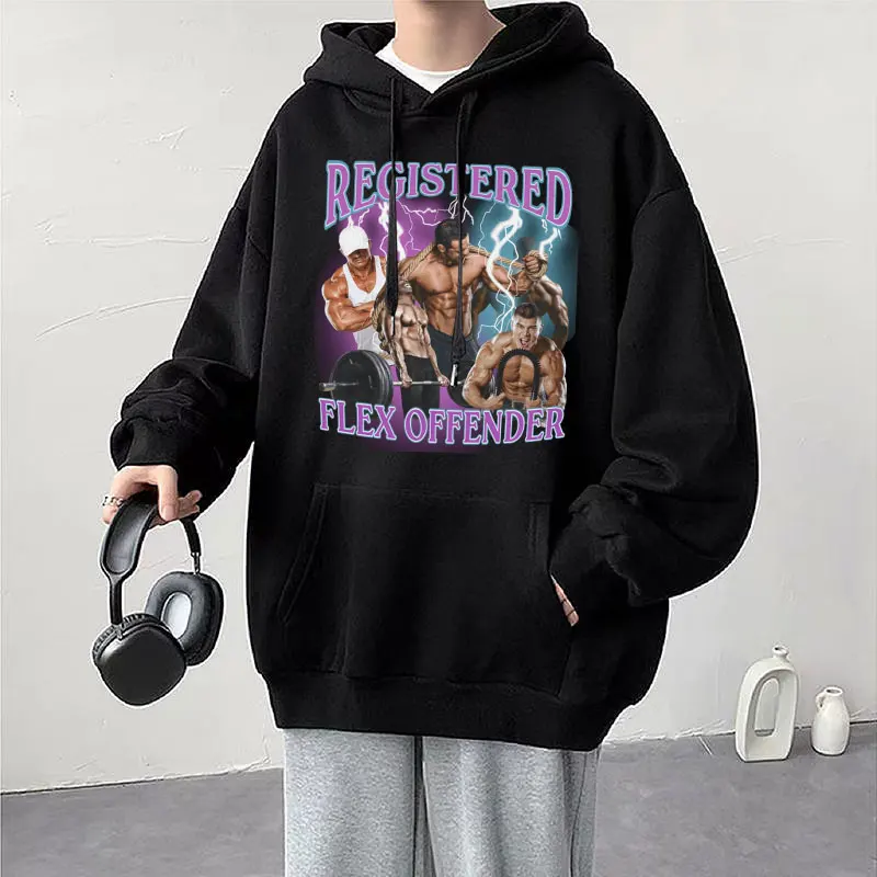 

Registered Flex Offender Hoodies Funny Bodybuilder Workout Gym Meme Print Hooded Sweatshirt Men Women Fashion Casual Loose Tops