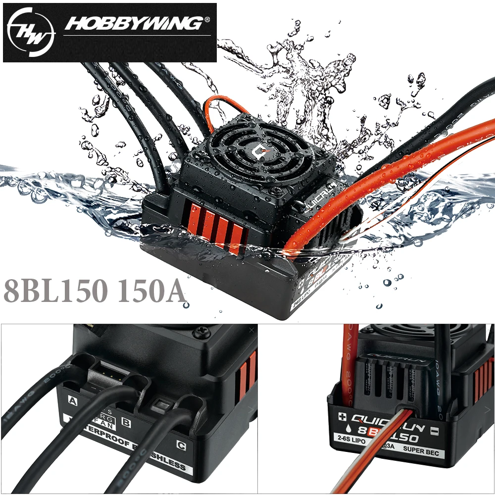 Hobbywing Quicrun 8 Bl150 150A 3-6S Brushless Waterproof Sensorless Esc Con 6V 3A Bec Per 1:8 Touring Cars/Buggies/Trucks Toys