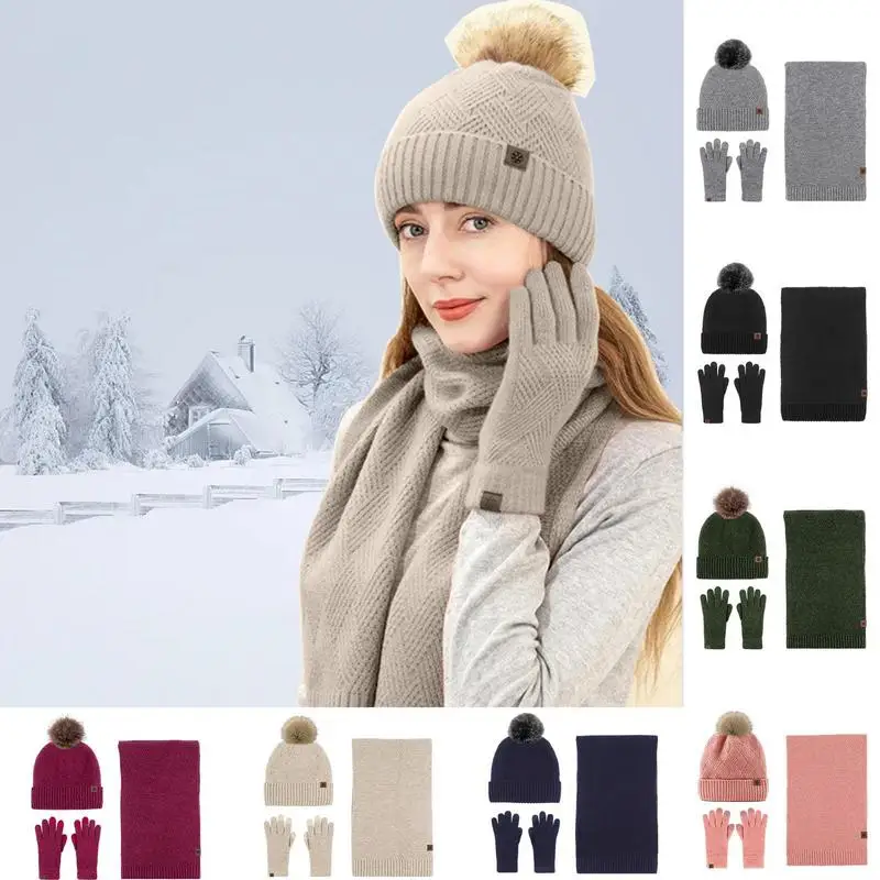

Зимние шерстяные Оригинальные перчатки для женщин, шапочка с длинным шарфом и помпоном, теплые перчатки для шеи