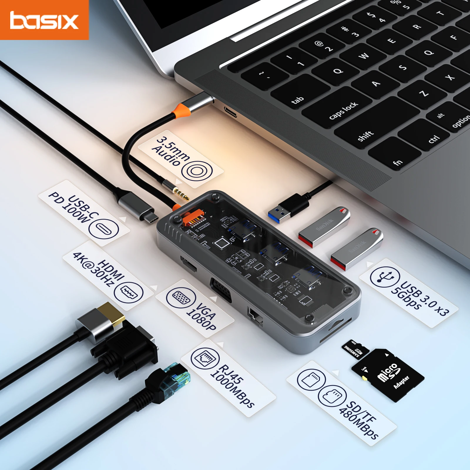 Basix-10-in-1-USB-C-HUB-4K30Hz-Dock-Station-Typ-C-zu-HDMI-kompatibel ...