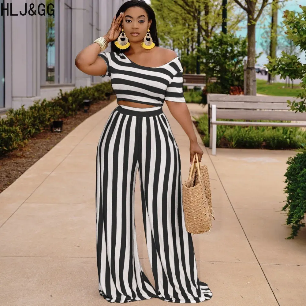 

HLJ&GG Casual Stripe Printing Matching Tracksuits Women Round Neck Short Sleeve Crop Top + Wide Leg Pants Two Piece Sets Outfits