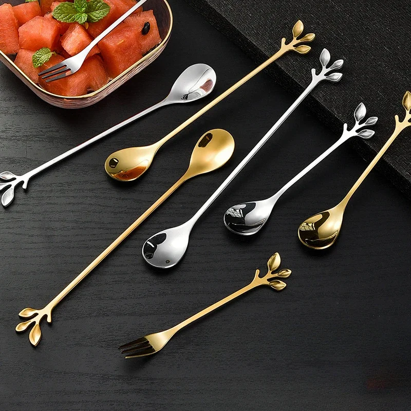 Leaves Coffee Spoons Creative Stainless Steel Dessert Ice Cream Scoop Coffee Tea Stirring Spoon Gold Silver Tableware
