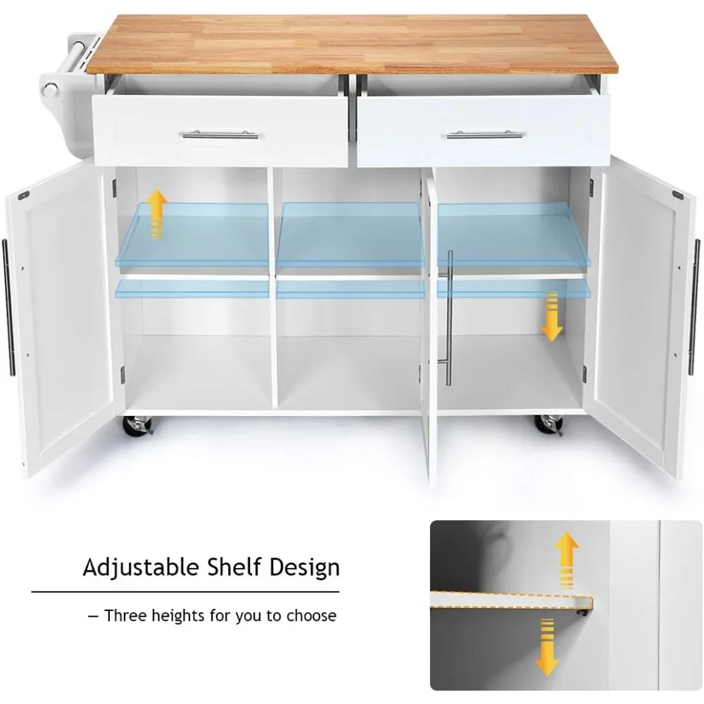 Kitchen Island Cart Rolling Storage Trolley Cart with Lockable Castors, 2 Drawers, 3 Door Cabinet, Towel Handle, Knife Block fo 6
