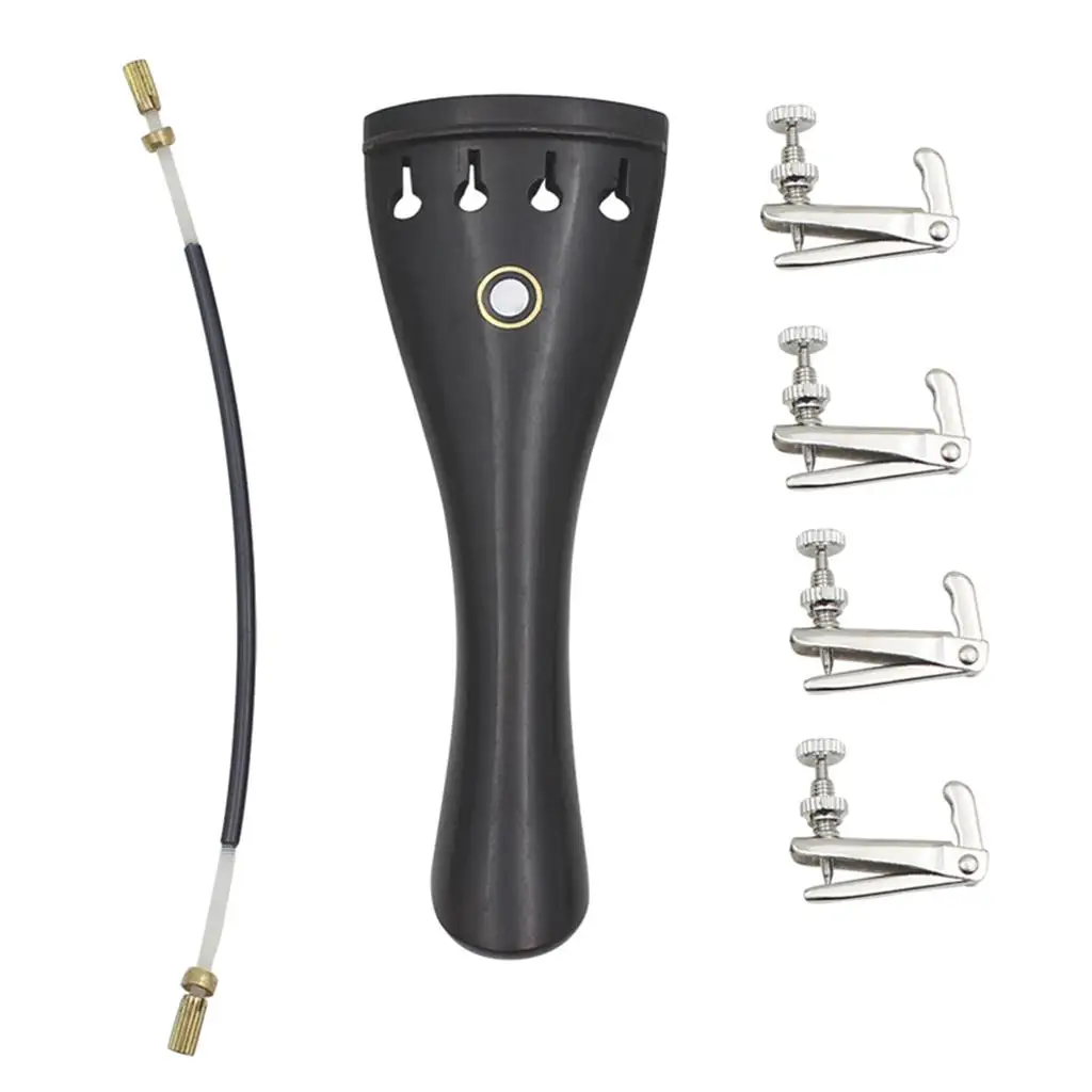 Ebony Tailpiece Black+Tail Rope+Silver Fine-Tuning for 3/3 4/4 Violin Accs