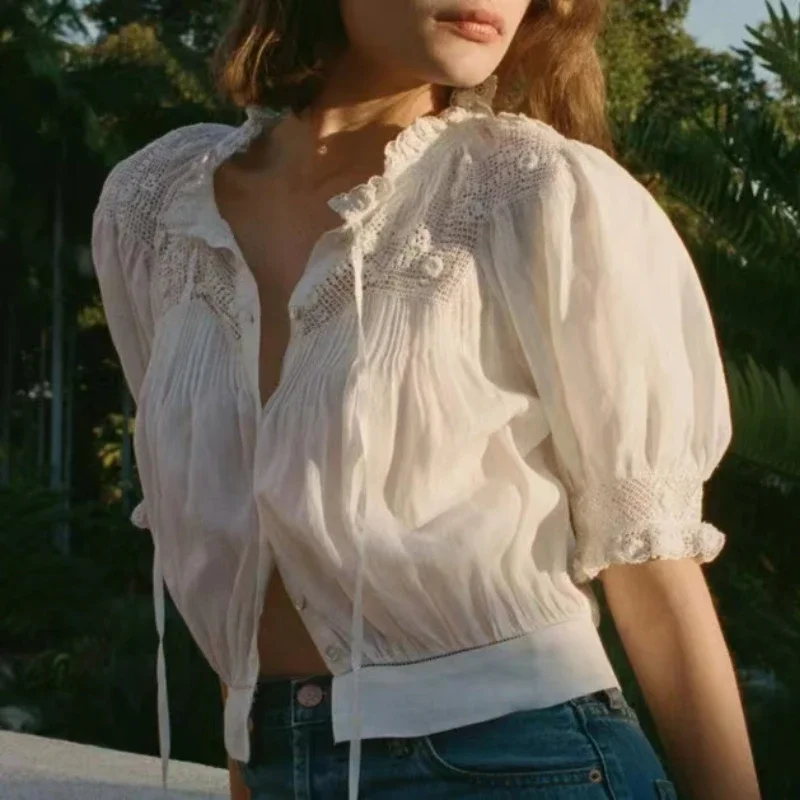 

Летняя однотонная короткая женская рубашка в стиле ретро с кружевом, вышивкой крючком, открытой планкой и шнуровкой, женские топы