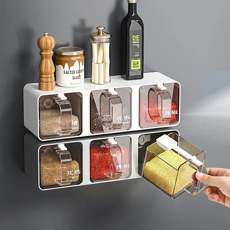 

Wall Mount Seasoning Organizer Box Set Salt Shaker Spice Rack Compartment Storage Box Sugar Container Jar with Spoon for Kitchen