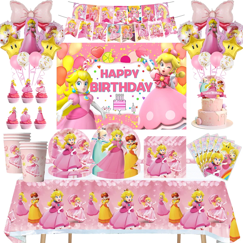 Princess Peach Birthday Party Decorations Disposable Cup Plate Napkin Tablecloth Backdrop for Kids Girls Birthday Party Supplies