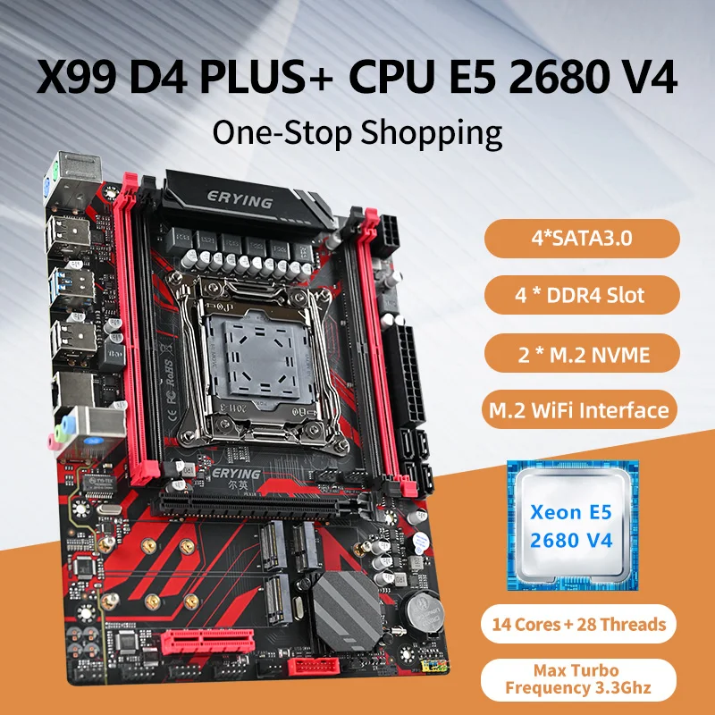  ERYING X99 D4 PLUS LGA 2011-3 XEON X99 Motherboard with E5 2680 v4 CPU Processor Combo Kit Set 