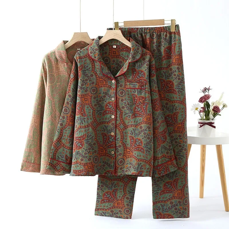 

Ethnic Style Print Pajamas For Women 2 Pieces Outfit Loungewear Night Clothes Autumn Long Sleeve Sleepwear Women's Cotton