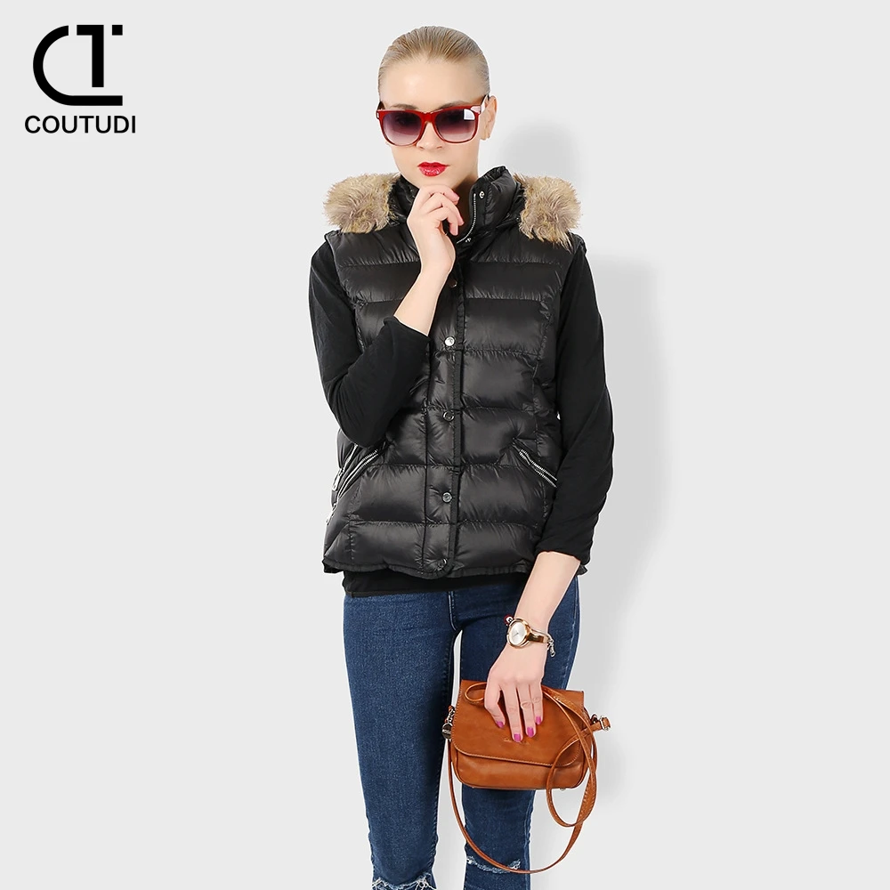 

COUTUDI Women Winter Warm Coat Cotton Padded Puffer Vests Coat With Fur Hooded Sleeveless Parkas Jacket Casual Waistcoat Female