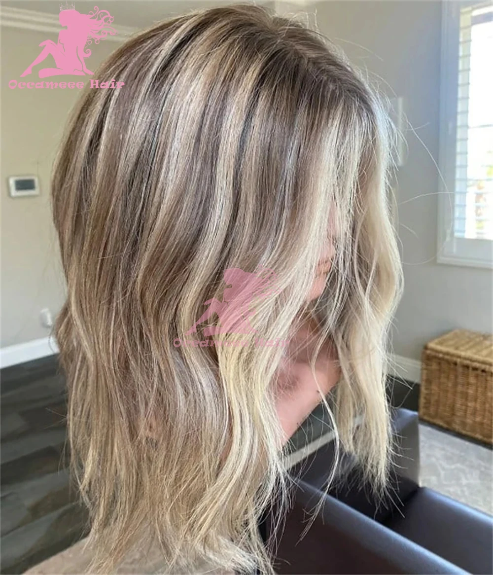 Human Hair Lace Frontal Wig Ombre Blonde Highlights Natural Wave with Brown Roots Medium Length Full Lace Wig 13x6 Transparent Lace