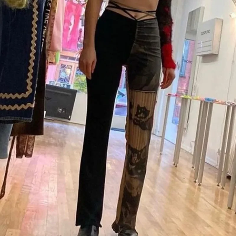 Gothic Y2k Women's Pants Punk Sexy Waist Tether Suckling Tie Dye Printing Contrast Color Stitching Trousers Street Wear Woman