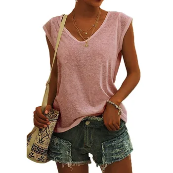 Summer Camisole Women'S V-Neck Vest Colored Cotton Solid Color T-Shirt Casual Sleeveless Vest Loose Top Fitted Vest Women'S Clot 1