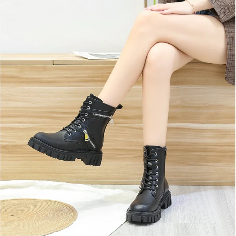 Women's Luxury Pu Leather Combat Short Boots 2023 Autumn Winter Designer Brand Gothic Platform Shoes Lace Up Motorcycle Boots