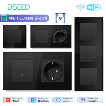 BSEED WIFI Curtain Switch Series Wall Smart Click Switches Yellow Backlight Glass Frame Tuya APP Switch EU Wall Sockets with USB