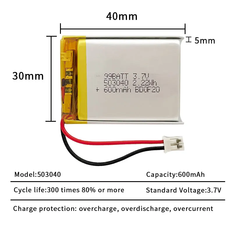 Rechargeable Lithium Batteries 3.7V 600mAh LIPO Batteries 503040 053040 Li-Ion Polymer Lithium Battery for Speaker Radio VCR LED Light GPS Rechargeable Cells