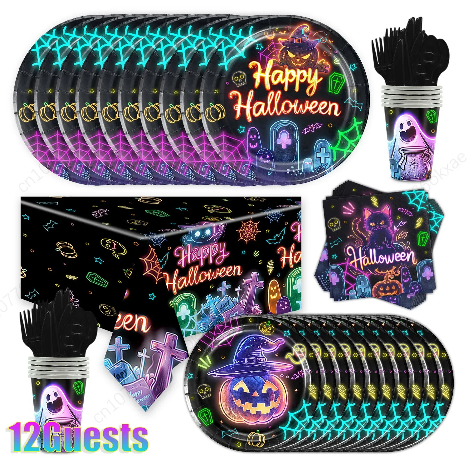 Halloween Party Tableware Set Festive Party Plates Napkins Tablecloth Disposable Tableware 10/12Guests Halloween Decoration
