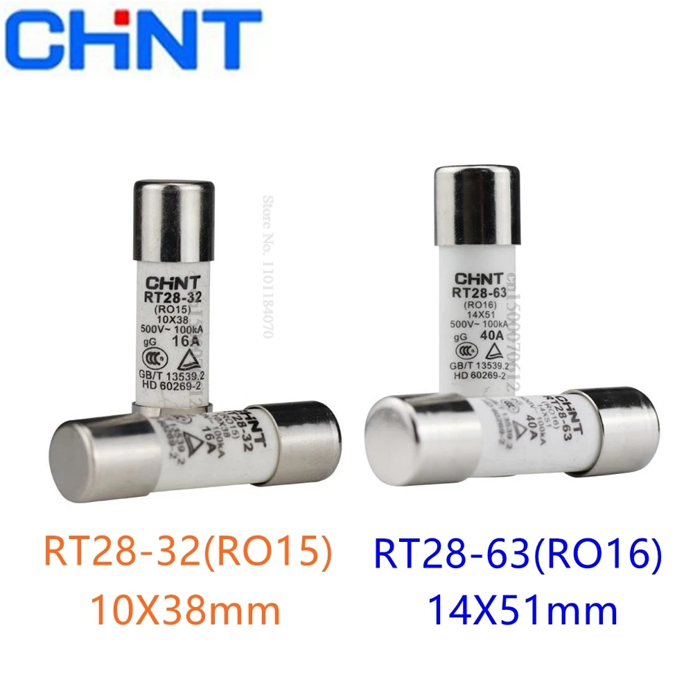 

CHINT RT28-32 (RO15) 10X38 RT28-63 (RO16) 14X51 500V 2A 10A 16A 20A 25A 32A 40A 50A 63A Ceramic Fuse Link Fuse Fusible Core Kit