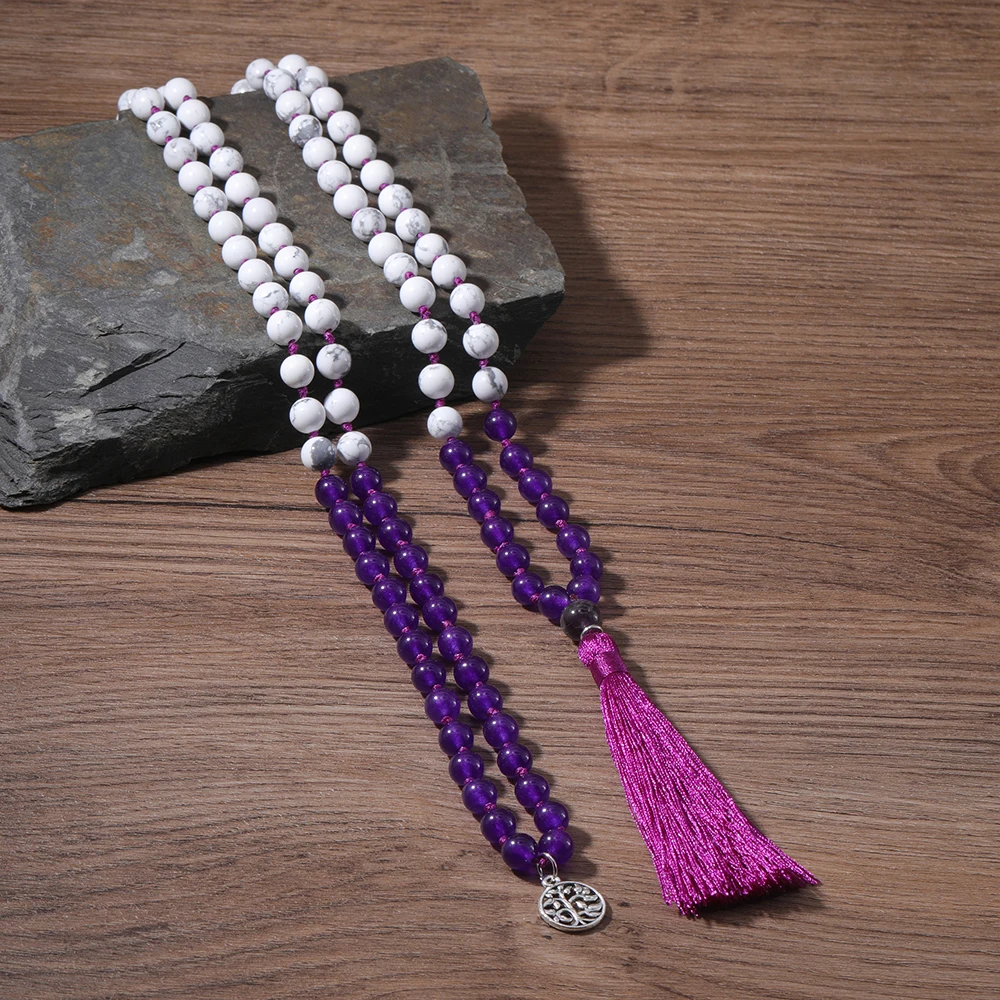 

OAIITE White Turquoise Necklace for Men Violet Beaded Necklace for Women Healing Spiritual Balance Jewelry Gift Sweater Chain