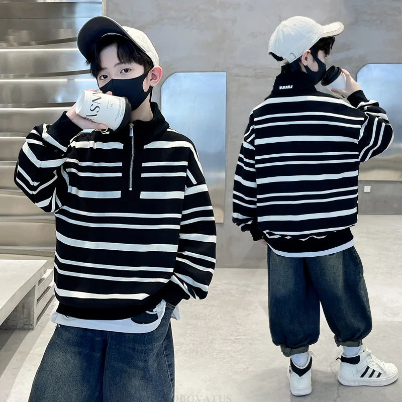 Fashion Casual Children's Sweatshirt with Half Zipper for Big Boys Black White Striped Turtleneck Hoodie Kids Spring Autumn Wear