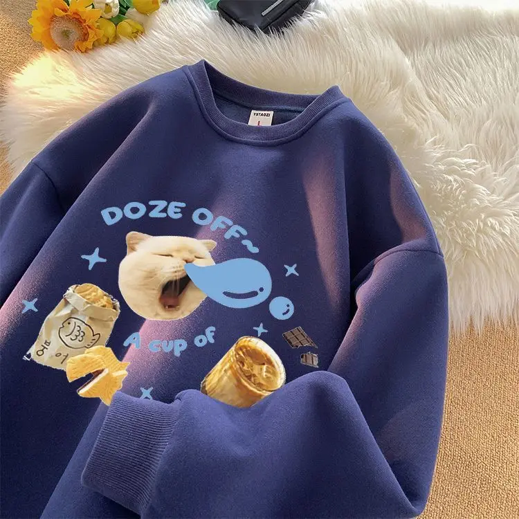 Men And Women Vintage Cat Print Personalized Graphic T-Shirt Couple Fashion Loose Casual Long Sleeve Harajuku Thick