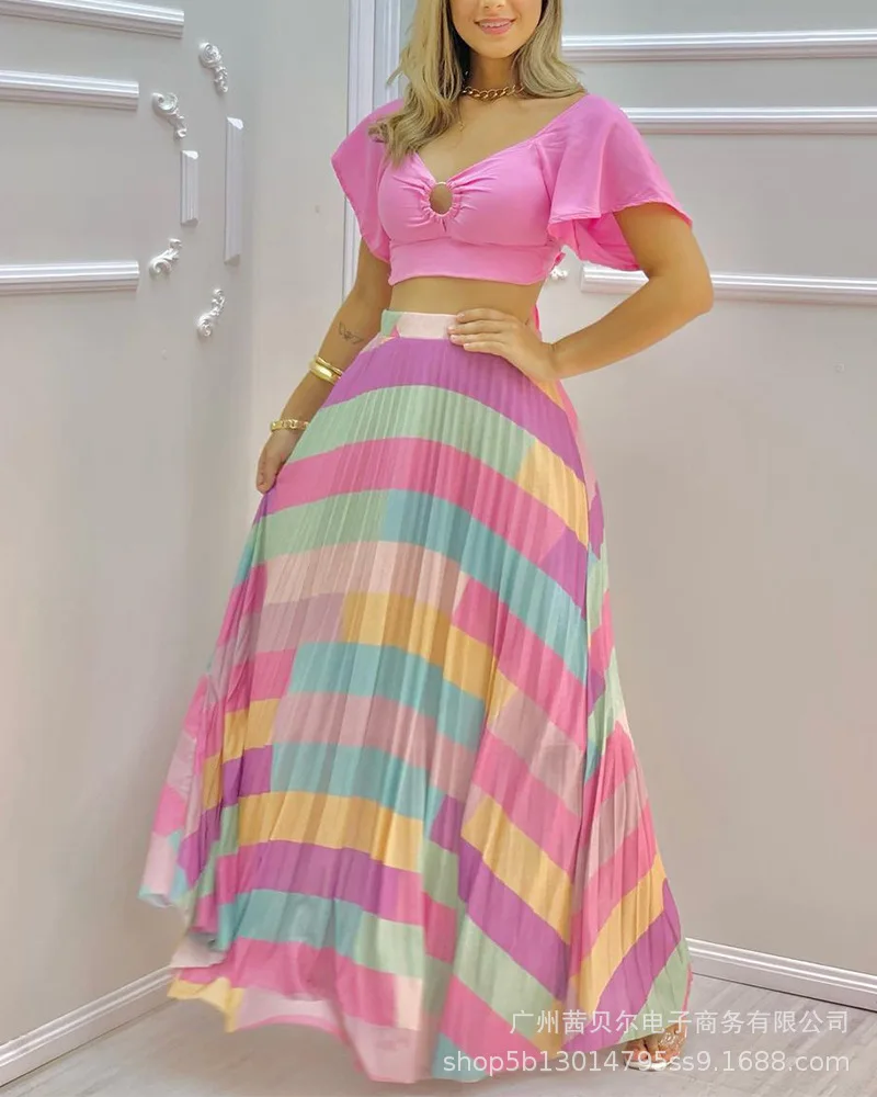 Women's Color V-neck Short Sleeve Maxi Skirt 2 Piece Sets Women Big Swing Skirts Beach Wear Crop Tops Female Long Dress