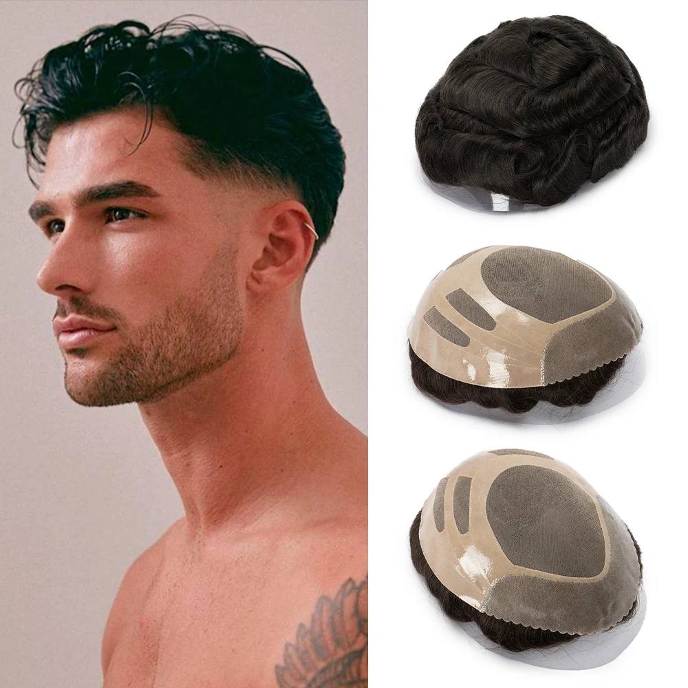 

Natural Hairline Men Toupee Wigs Real Human Hair Lace & Pu Front Wigs Toupee Men Remy Human Hair Replacement Systems for Salon