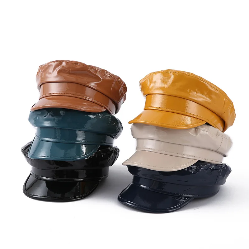 Women Girls PU Leather Newsboy Caps Cabbie Painter Hat Gatsby Ivy Beret Shiny Glitter Headwear Hip Hop Kpop cotton newsboy cap,berets hat
