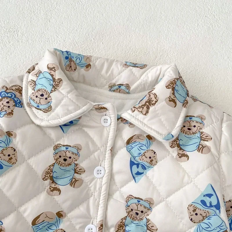 Winter Baby Girl Down Coat 0-3Years Newborn Kids Long Sleeve Cartoon Bear Bow Fleece Cardigan Thicken Warm Outwear Clothes