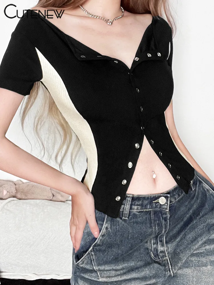 Panelled Classic T-shirts Women Summer New Concise Buttons Short Sleeve V-neck Skinny Tees Female Wild Basic Street Tops