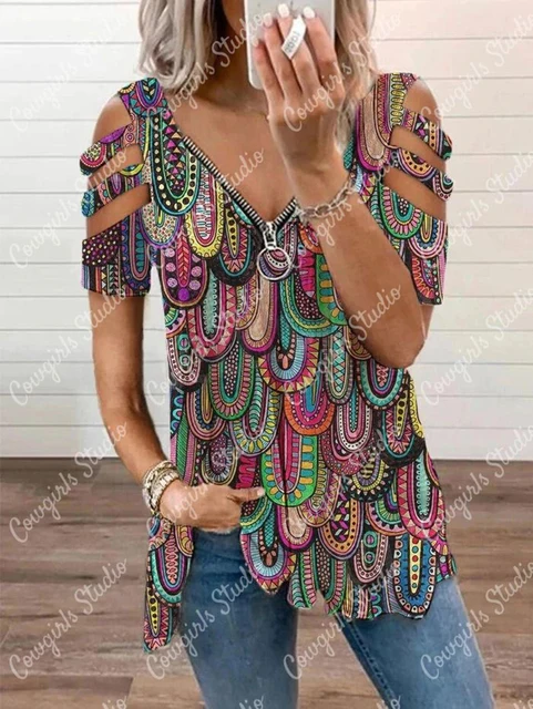 Women's V-Neck Summer Casual Short Sleeve Printed Loose Top T-Shirt 1