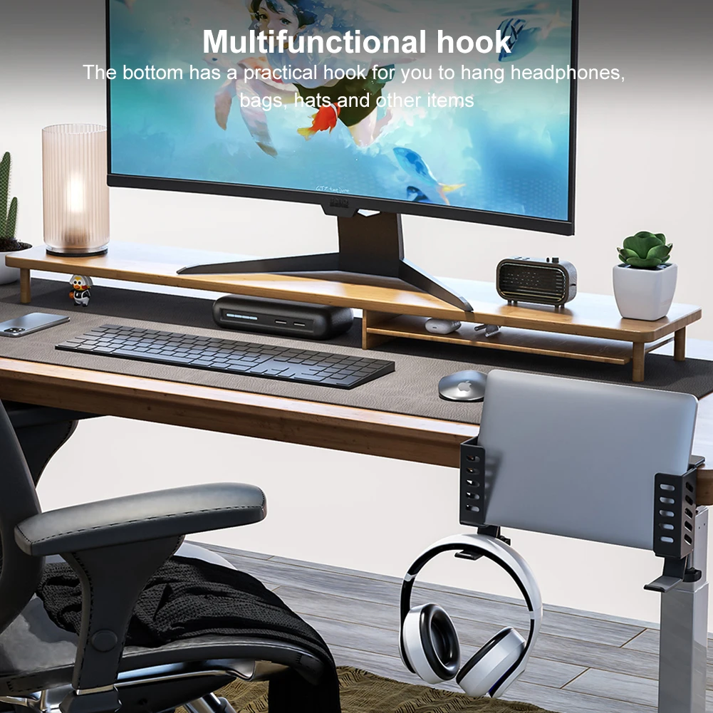 Desk Side Laptop Holder No Drill Desk Side Storage Organizer Clamp on Organizer for Office Home Laptops/Tablets/Headphone