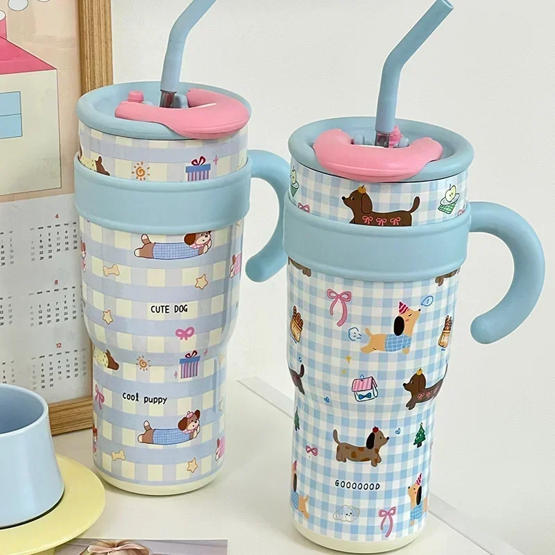 1200ml Cute Water Bottles Large Capacity Thermos Bottle with Straw 700ml Coffee Cup Birthday Gift Travel Mugs with Handle