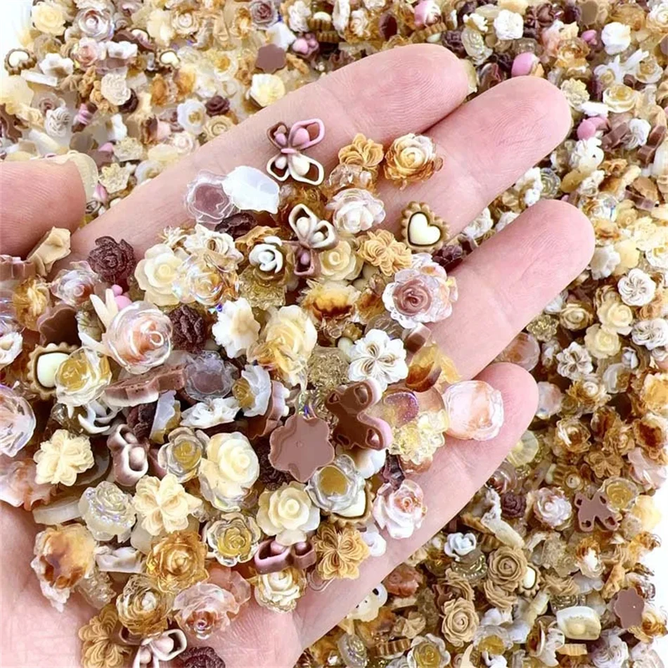 50pcs zufällig gemischte Form Harz Blume Nagel Charms Teile Bogen Liebe transparente Rose Bär Nail Art Dekorationen Zubehör DIY – Detail 14