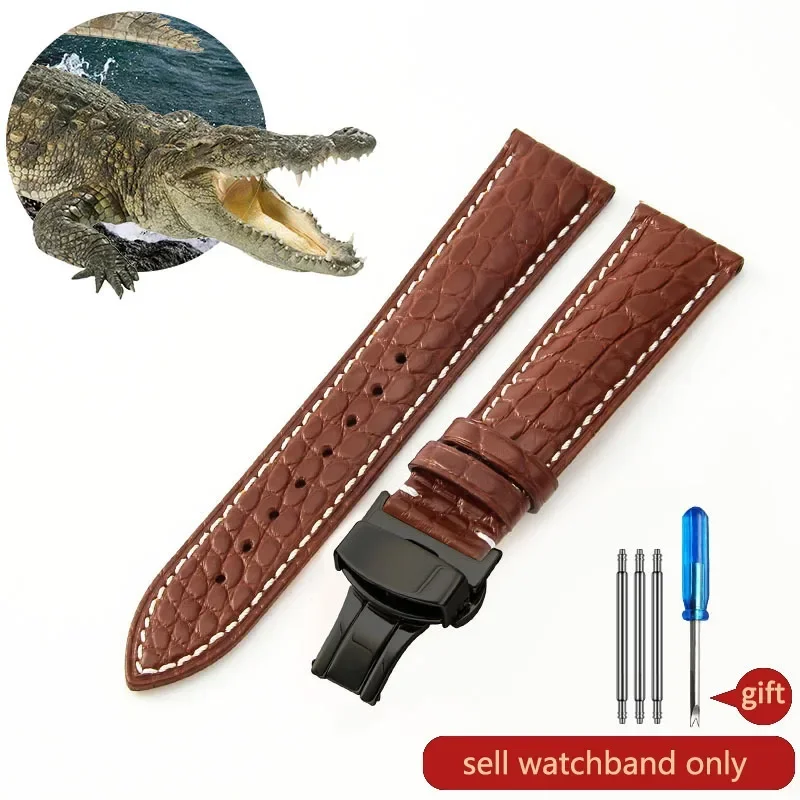 thumbnail image 1 of Correa de reloj de piel de cocodrilo de cuero genuino para hombre y mujer, hebilla de mariposa con aguja para Mido Longines Famous Master Omega IWC Watchband, 1 of 5