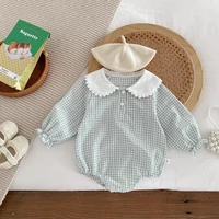 Ready Stock Newborn Jumpsuit Baby Girls Peter Pan Collar Drawstring Long Sleeves Elegant Check Romper 0-2yrs 4