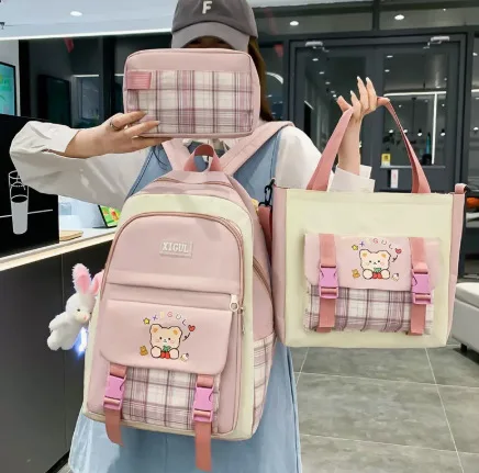 4 Pcs Set Kawaii Backpack For Student School Bags For Teenager Girls Schoolbag Book Bags Pencil Case Women Travel Backpack Tote