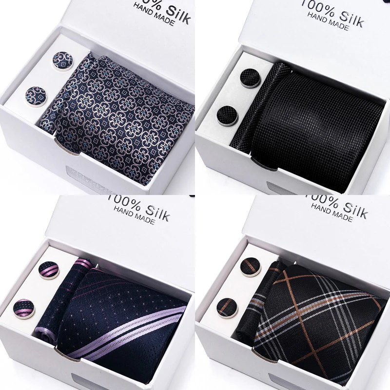 Neck Tie Mini Handkerchief Classic Style 65 Colors Silk Tie Handkerchief Cufflink Set Men Necktie Box Solid Color Sky Blue Fit Wedding Office Cravat