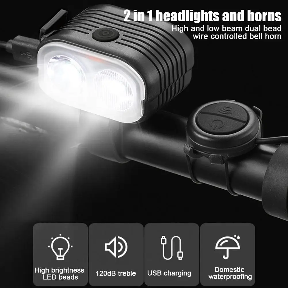 2 In1 Waterproof USB Rechargeable Light 200lm Loud Flashlight Bicycle Light Cycling Front Horn COB 120dB