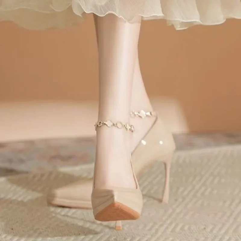 2025Autumn New Stiletto High Heels Women's Pointed Head Shallow Mouth Metal Chain Anti-slip Wear-resistant Single Shoes