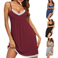Female Summer Sexy Loose Solid Lace Irregular Hem Suspender Deep V-Neck Nightwear Dress With Chest Pad No Steel Ring Home Cloth - Image 5